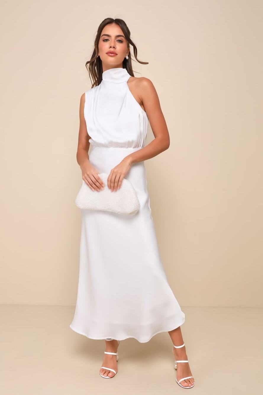 NWT Lulus Distinctive Charm White Satin Asymmetrical Midi Dress Wedding Size M